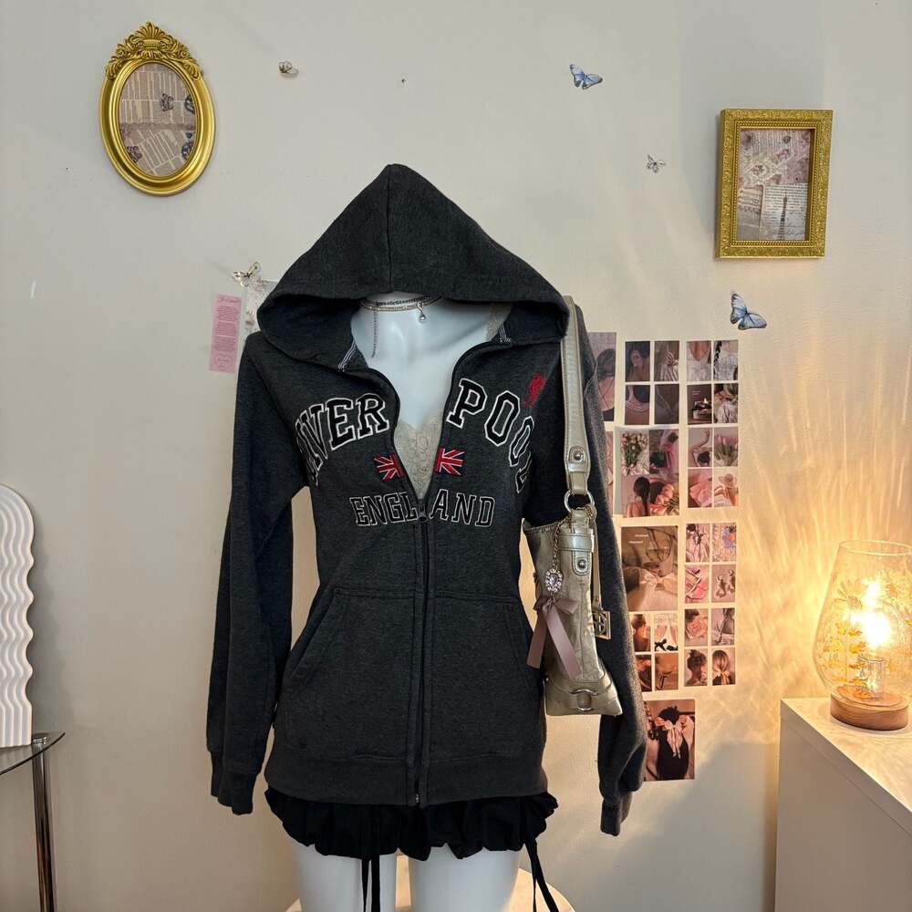 Liverpool England Dark Gray Zip Up Hoodie Womens M UK Flag Embroidered Y2K Casua